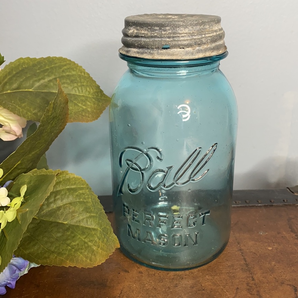 . Antique "Perfect Mason" Blue Sloop Shoulder Masons Ball Jar With Zinc Tin Lid